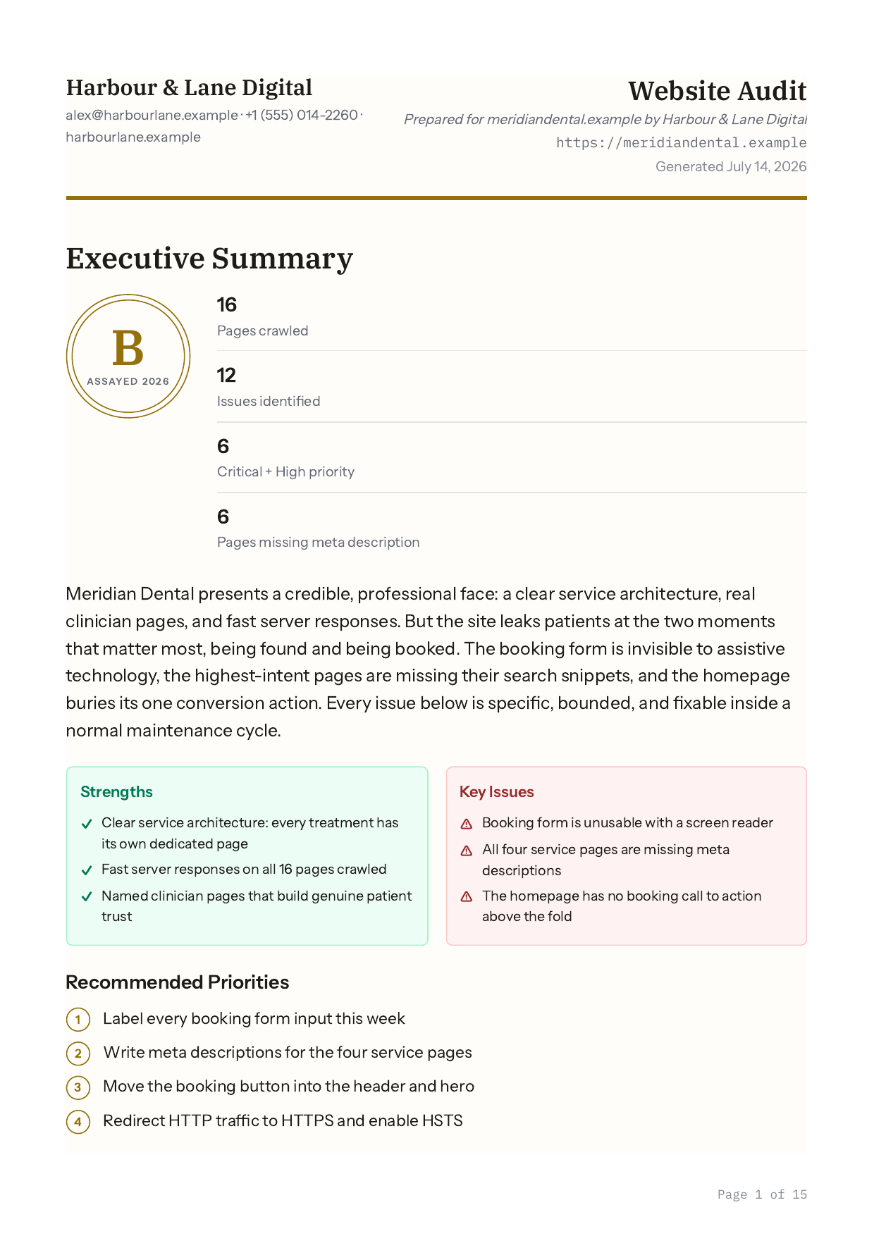Sample report executive summary page with the grade hallmark