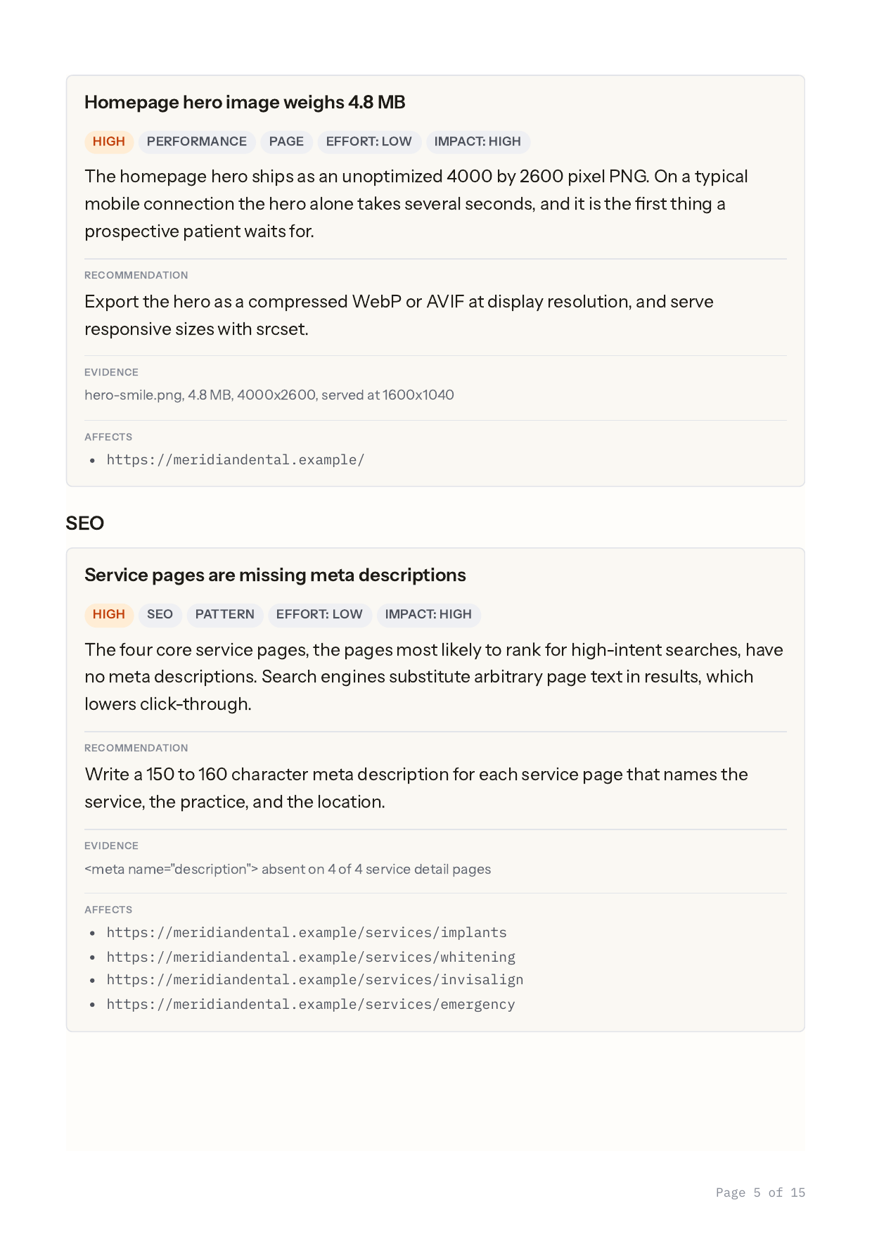 Sample report findings page showing performance and SEO issues